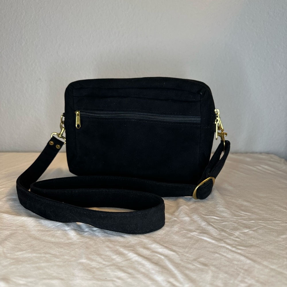 Suede Black Crossbody Bag with Gold Accents
